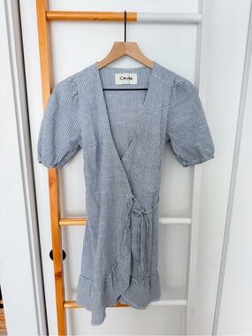 Claude Tulum Emilia Stripe Tie Wrap Minu Dress White Blue  Cotton